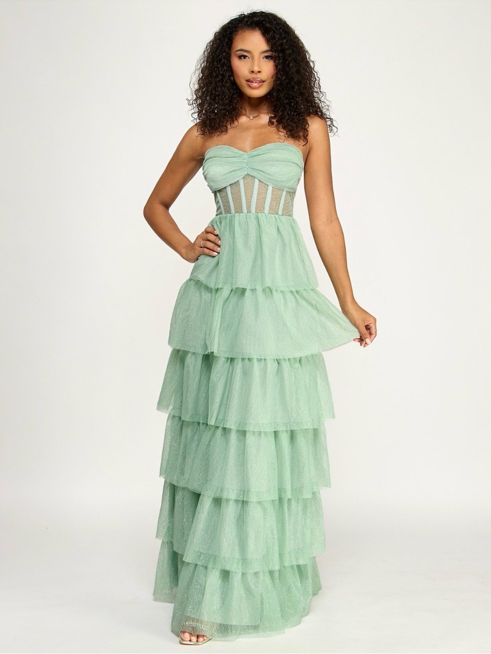 Emerald Sundae Juniors' Strapless Tiered Lace-Up Back Gown, Sage Green. M. R9A